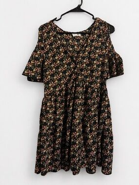 Band of Gypsies Dress Medium Black Floral Boho Fit Flare Cold Shoulder